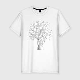 Мужская футболка хлопок Slim с принтом Плата дерево , 92% хлопок, 8% лайкра | приталенный силуэт, круглый вырез ворота, длина до линии бедра, короткий рукав | payment | trace | track | дерево | дорожки | микропроцессор | плата