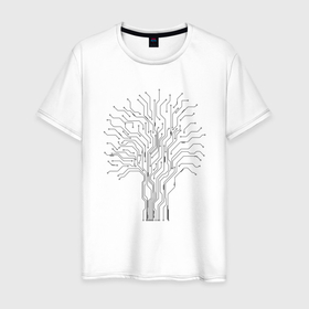 Мужская футболка хлопок с принтом Плата дерево в Белгороде, 100% хлопок | прямой крой, круглый вырез горловины, длина до линии бедер, слегка спущенное плечо. | payment | trace | track | дерево | дорожки | микропроцессор | плата