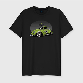 Мужская футболка хлопок Slim с принтом Классическая зеленая машина Жук в Санкт-Петербурге, 92% хлопок, 8% лайкра | приталенный силуэт, круглый вырез ворота, длина до линии бедра, короткий рукав | авто | жук | зеленый жук | классика | машина | старая машина