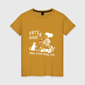 Женская футболка хлопок с принтом Cats and wine в Курске, 100% хлопок | прямой крой, круглый вырез горловины, длина до линии бедер, слегка спущенное плечо | Тематика изображения на принте: 