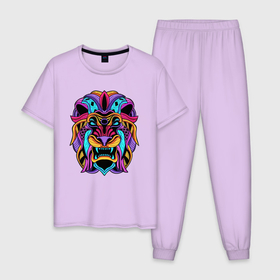 Мужская пижама хлопок с принтом Color lion   Neon в Белгороде, 100% хлопок | брюки и футболка прямого кроя, без карманов, на брюках мягкая резинка на поясе и по низу штанин
 | color | eyes | fangs | jaw | lion | mane | vanguard | авангард | глаза | грива | клыки | лев | неон | пасть | цвет