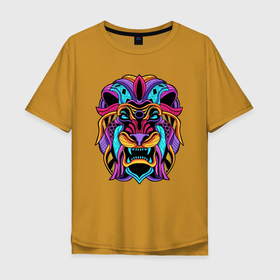 Мужская футболка хлопок Oversize с принтом Color lion   Neon в Санкт-Петербурге, 100% хлопок | свободный крой, круглый ворот, “спинка” длиннее передней части | color | eyes | fangs | jaw | lion | mane | vanguard | авангард | глаза | грива | клыки | лев | неон | пасть | цвет