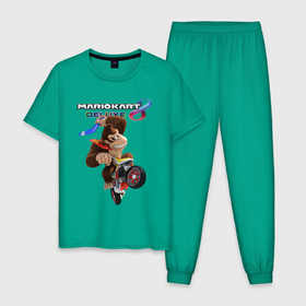 Мужская пижама хлопок с принтом Mario Kart 8 Deluxe   Donkey Kong в Курске, 100% хлопок | брюки и футболка прямого кроя, без карманов, на брюках мягкая резинка на поясе и по низу штанин
 | Тематика изображения на принте: boomerang | gorilla | hero | mario | motorcycle | video game | бумеранг | видеоигра | герой | горилла | марио | мотоцикл