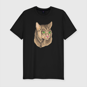 Мужская футболка хлопок Slim с принтом Голова серого кота в Санкт-Петербурге, 92% хлопок, 8% лайкра | приталенный силуэт, круглый вырез ворота, длина до линии бедра, короткий рукав | бежевый | голова | зверь | кот | кошка | серый