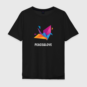 Мужская футболка хлопок Oversize с принтом Журавлик оригами, на темном в Санкт-Петербурге, 100% хлопок | свободный крой, круглый ворот, “спинка” длиннее передней части | peace and love | журавлик | журавль | мир | мир и любовь | оригами | птица