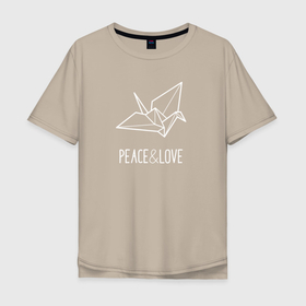 Мужская футболка хлопок Oversize с принтом Журавлик оригами, белый в Курске, 100% хлопок | свободный крой, круглый ворот, “спинка” длиннее передней части | Тематика изображения на принте: peace and love | журавлик | журавль | мир | мир и любовь | оригами | птица
