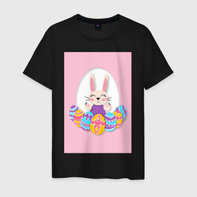 Мужская футболка хлопок с принтом Пасхальный зайчик в рамке в Новосибирске, 100% хлопок | прямой крой, круглый вырез горловины, длина до линии бедер, слегка спущенное плечо. | Тематика изображения на принте: заяц | кролик | пасха | пасхальные яйца | розовый