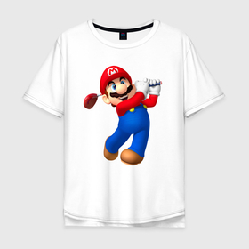 Мужская футболка хлопок Oversize с принтом Марио   крутейший гольфист   Super Mario в Новосибирске, 100% хлопок | свободный крой, круглый ворот, “спинка” длиннее передней части | dude | eyes | golf | moustache | player | super mario | video game | видеоигра | глаза | гольф | игрок | марио | усы | чувак