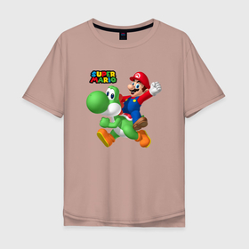 Мужская футболка хлопок Oversize с принтом Mario and Yoshi   Super Mario , 100% хлопок | свободный крой, круглый ворот, “спинка” длиннее передней части | Тематика изображения на принте: friends | moustache | super mario | video game | yoshi | видеоигра | друзья | йоши | марио | усы
