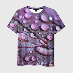 Мужская футболка 3D с принтом капели на листочке в Петрозаводске, 100% полиэфир | прямой крой, круглый вырез горловины, длина до линии бедер | дождь | капельки | капли | капли на  листочке | листочек | природа
