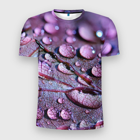 Мужская футболка 3D Slim с принтом капели на листочке в Петрозаводске, 100% полиэстер с улучшенными характеристиками | приталенный силуэт, круглая горловина, широкие плечи, сужается к линии бедра | дождь | капельки | капли | капли на  листочке | листочек | природа