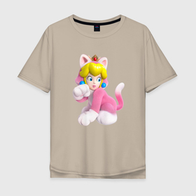 Мужская футболка хлопок Oversize с принтом Принцесса Персик   кошка   Super Mario 3D Land , 100% хлопок | свободный крой, круглый ворот, “спинка” длиннее передней части | cat | crown | ears | eyes | girl | hairstyle | lips | peach | princess | super mario | tail | video game | видеоигра | глаза | губы | девушка | корона | кошка | персик | причёска | уши | хвост