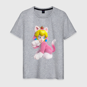 Мужская футболка хлопок с принтом Принцесса Персик   кошка   Super Mario 3D Land , 100% хлопок | прямой крой, круглый вырез горловины, длина до линии бедер, слегка спущенное плечо. | cat | crown | ears | eyes | girl | hairstyle | lips | peach | princess | super mario | tail | video game | видеоигра | глаза | губы | девушка | корона | кошка | персик | причёска | уши | хвост
