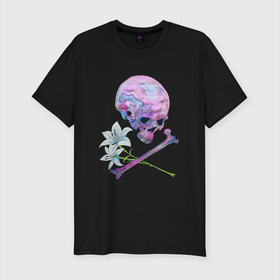 Мужская футболка хлопок Slim с принтом Сорванные лилии в Курске, 92% хлопок, 8% лайкра | приталенный силуэт, круглый вырез ворота, длина до линии бедра, короткий рукав | Тематика изображения на принте: кости | лилии | скелет | цветы | череп