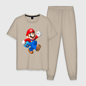 Мужская пижама хлопок с принтом Super Mario   Hero в Санкт-Петербурге, 100% хлопок | брюки и футболка прямого кроя, без карманов, на брюках мягкая резинка на поясе и по низу штанин
 | dude | eyes | hero | moustache | super marion | video game | видеоигра | глаза | супер марио | усы | чувак
