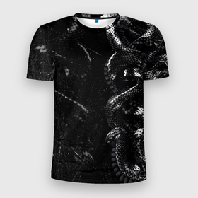 Мужская футболка 3D Slim с принтом Змеиный Паттерн Snake Black в Новосибирске, 100% полиэстер с улучшенными характеристиками | приталенный силуэт, круглая горловина, широкие плечи, сужается к линии бедра | Тематика изображения на принте: beast | black | cobra | glitch | grunge | snake | глитч | гранж | животные | зверь | змея | кобра | когти | полосы | потертости | текстура | узор | чб | чешуя