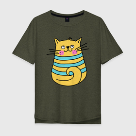 Мужская футболка хлопок Oversize с принтом Желтый кот в зеленую полоску в Екатеринбурге, 100% хлопок | свободный крой, круглый ворот, “спинка” длиннее передней части | в полоску | желтый кот | кот | котик | кошка | полосочка