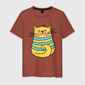 Мужская футболка хлопок с принтом Желтый кот в зеленую полоску , 100% хлопок | прямой крой, круглый вырез горловины, длина до линии бедер, слегка спущенное плечо. | в полоску | желтый кот | кот | котик | кошка | полосочка