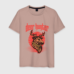 Мужская футболка хлопок с принтом Deer hunter в Белгороде, 100% хлопок | прямой крой, круглый вырез горловины, длина до линии бедер, слегка спущенное плечо. | Тематика изображения на принте: голова | животное | олени | олень | рога | с оленем