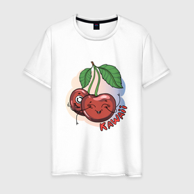 Мужская футболка хлопок с принтом Вишни Kawaii в Тюмени, 100% хлопок | прямой крой, круглый вырез горловины, длина до линии бедер, слегка спущенное плечо. | fruit | kawaii | вишеньки | вишни | вишня | милый | фрукт | ягоды