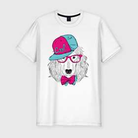 Мужская футболка хлопок Slim с принтом Собака в кепке и очках , 92% хлопок, 8% лайкра | приталенный силуэт, круглый вырез ворота, длина до линии бедра, короткий рукав | животное | иллюстрация | кепка | очки | рисунок | собака