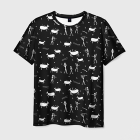 Мужская футболка 3D с принтом Наскальные рисунки, паттерн в Белгороде, 100% полиэфир | прямой крой, круглый вырез горловины, длина до линии бедер | дудл | животные | лук | люди | наскальные | охота | охотятся | пещерные | рисунки | стрелы | черно белый