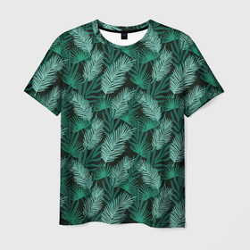 Мужская футболка 3D с принтом Тропические листья, паттерн , 100% полиэфир | прямой крой, круглый вырез горловины, длина до линии бедер | ветки | зеленый | летний | листья | паттерн | растения | с листьями | тропические