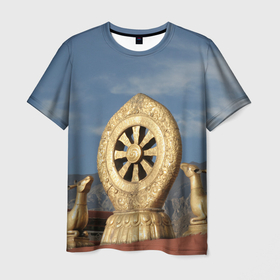 Мужская футболка 3D с принтом Колесо Дхармы в Новосибирске, 100% полиэфир | прямой крой, круглый вырез горловины, длина до линии бедер | азия | будда | буддизм | восток | джоканг | дхарма | закон | колесо | лхаса | монастырь | олень | проповедь | спицы