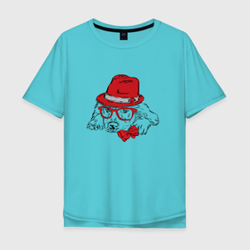 Мужская футболка хлопок Oversize с принтом Пес в шляпе и очках в Тюмени, 100% хлопок | свободный крой, круглый ворот, “спинка” длиннее передней части | Тематика изображения на принте: очки | рисунок | собака | шляпа | эскиз