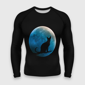 Мужской рашгард 3D с принтом Силуэт кота на фоне синей луны в Екатеринбурге,  |  | background | blue | branch | cat | darkness | glow | kitten | moon | night | on | reflect | silhouette | sphinx | sunset | tree | ветка | дерево | закат | кот | кота | котенок | кошка | луна | луны | на | ночь | отблеск | сансет | свечение | силуэт | сине
