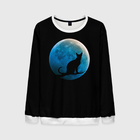 Мужской свитшот 3D с принтом Силуэт кота на фоне синей луны в Курске, 100% полиэстер с мягким внутренним слоем | круглый вырез горловины, мягкая резинка на манжетах и поясе, свободная посадка по фигуре | Тематика изображения на принте: background | blue | branch | cat | darkness | glow | kitten | moon | night | on | reflect | silhouette | sphinx | sunset | tree | ветка | дерево | закат | кот | кота | котенок | кошка | луна | луны | на | ночь | отблеск | сансет | свечение | силуэт | сине