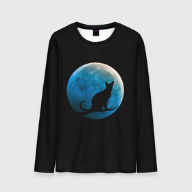 Мужской лонгслив 3D с принтом Силуэт кота на фоне синей луны в Екатеринбурге, 100% полиэстер | длинные рукава, круглый вырез горловины, полуприлегающий силуэт | background | blue | branch | cat | darkness | glow | kitten | moon | night | on | reflect | silhouette | sphinx | sunset | tree | ветка | дерево | закат | кот | кота | котенок | кошка | луна | луны | на | ночь | отблеск | сансет | свечение | силуэт | сине