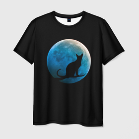 Мужская футболка 3D с принтом Силуэт кота на фоне синей луны в Петрозаводске, 100% полиэфир | прямой крой, круглый вырез горловины, длина до линии бедер | background | blue | branch | cat | darkness | glow | kitten | moon | night | on | reflect | silhouette | sphinx | sunset | tree | ветка | дерево | закат | кот | кота | котенок | кошка | луна | луны | на | ночь | отблеск | сансет | свечение | силуэт | сине