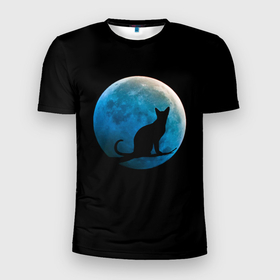 Мужская футболка 3D Slim с принтом Силуэт кота на фоне синей луны в Тюмени, 100% полиэстер с улучшенными характеристиками | приталенный силуэт, круглая горловина, широкие плечи, сужается к линии бедра | background | blue | branch | cat | darkness | glow | kitten | moon | night | on | reflect | silhouette | sphinx | sunset | tree | ветка | дерево | закат | кот | кота | котенок | кошка | луна | луны | на | ночь | отблеск | сансет | свечение | силуэт | сине