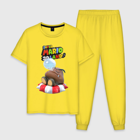 Мужская пижама хлопок с принтом Goomba   Super Mario 3D Land в Петрозаводске, 100% хлопок | брюки и футболка прямого кроя, без карманов, на брюках мягкая резинка на поясе и по низу штанин
 | fangs | goomba | hero | mushroom | nintendo | super mario | video game | видеоигра | герой | гриб | гумба | клыки | персонаж | супер марио