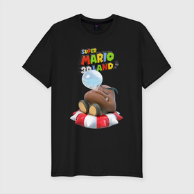 Мужская футболка хлопок Slim с принтом Goomba   Super Mario 3D Land в Санкт-Петербурге, 92% хлопок, 8% лайкра | приталенный силуэт, круглый вырез ворота, длина до линии бедра, короткий рукав | fangs | goomba | hero | mushroom | nintendo | super mario | video game | видеоигра | герой | гриб | гумба | клыки | персонаж | супер марио
