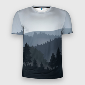 Мужская футболка 3D Slim с принтом Пейзаж, лес и холмы в Белгороде, 100% полиэстер с улучшенными характеристиками | приталенный силуэт, круглая горловина, широкие плечи, сужается к линии бедра | горы | деревья | елки | кусты | лес | пейзаж | растения | туман | туманный | холмы