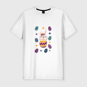 Мужская футболка хлопок Slim с принтом Пасхальный зайчик в яйце в Тюмени, 92% хлопок, 8% лайкра | приталенный силуэт, круглый вырез ворота, длина до линии бедра, короткий рукав | желтый | зайчик | заяц | зеленый | кролик | мультяшный стиль | пасха | пасхальное яйцо | плоский стиль | фиолетовый | яйцо