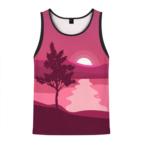 Мужская майка 3D с принтом Дерево, холмы и закатное солнце , 100% полиэстер | круглая горловина, приталенный силуэт, длина до линии бедра. Пройма и горловина окантованы тонкой бейкой | вода | горы | дерево | закат | закатное | красный | озеро | пейзаж | река | солнце | фиолетовый | холмы