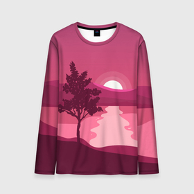 Мужской лонгслив 3D с принтом Дерево, холмы и закатное солнце в Белгороде, 100% полиэстер | длинные рукава, круглый вырез горловины, полуприлегающий силуэт | вода | горы | дерево | закат | закатное | красный | озеро | пейзаж | река | солнце | фиолетовый | холмы