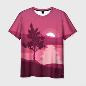 Мужская футболка 3D с принтом Дерево, холмы и закатное солнце , 100% полиэфир | прямой крой, круглый вырез горловины, длина до линии бедер | вода | горы | дерево | закат | закатное | красный | озеро | пейзаж | река | солнце | фиолетовый | холмы
