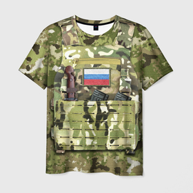 Мужская футболка 3D с принтом Бронежилет с боекомплектом в Екатеринбурге, 100% полиэфир | прямой крой, круглый вырез горловины, длина до линии бедер | армия | боекомплект | бронежилет | камуфляж | магазин акм | солдатский | флаг россии | шеврон | штык нож