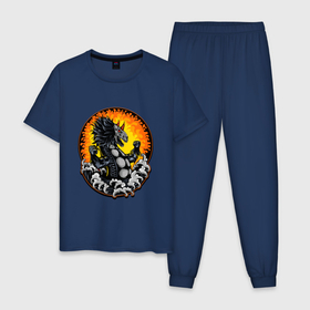 Мужская пижама хлопок с принтом Дракон и волны в Санкт-Петербурге, 100% хлопок | брюки и футболка прямого кроя, без карманов, на брюках мягкая резинка на поясе и по низу штанин
 | dragon | monster | дракон | мифология | монстр