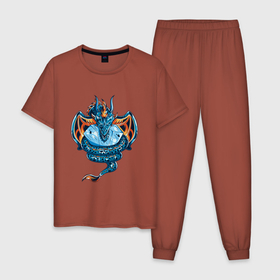 Мужская пижама хлопок с принтом Голубой дракон с кристаллом в Екатеринбурге, 100% хлопок | брюки и футболка прямого кроя, без карманов, на брюках мягкая резинка на поясе и по низу штанин
 | dragon | monster | дракон | мифология | монстр