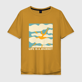 Мужская футболка хлопок Oversize с принтом Солнце в облаках в Курске, 100% хлопок | свободный крой, круглый ворот, “спинка” длиннее передней части | Тематика изображения на принте: life is a journey | в облаках | жизнь   это путешествие | надпись | небо | облака | ретро | солнце
