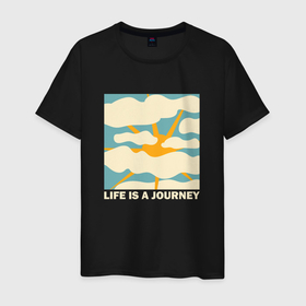 Мужская футболка хлопок с принтом Солнце в облаках в Курске, 100% хлопок | прямой крой, круглый вырез горловины, длина до линии бедер, слегка спущенное плечо. | Тематика изображения на принте: life is a journey | в облаках | жизнь   это путешествие | надпись | небо | облака | ретро | солнце