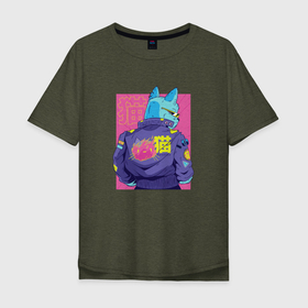 Мужская футболка хлопок Oversize с принтом Blue Cyberpunk Cat в Кировске, 100% хлопок | свободный крой, круглый ворот, “спинка” длиннее передней части | game | аниме | будущее | игра | иероглиф | киберпанк | киса | кот | котейка | котенок | котик | котэ | кошка | крутой | неон | япония