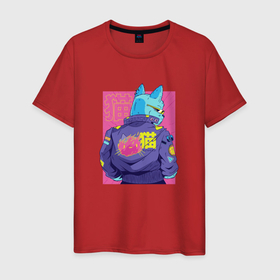 Мужская футболка хлопок с принтом Blue Cyberpunk Cat в Санкт-Петербурге, 100% хлопок | прямой крой, круглый вырез горловины, длина до линии бедер, слегка спущенное плечо. | game | аниме | будущее | игра | иероглиф | киберпанк | киса | кот | котейка | котенок | котик | котэ | кошка | крутой | неон | япония