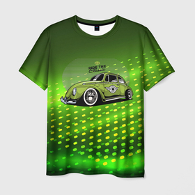 Мужская футболка 3D с принтом Классическая зеленая машина  Жук в Тюмени, 100% полиэфир | прямой крой, круглый вырез горловины, длина до линии бедер | Тематика изображения на принте: авто | жук | зеленый жук | классика | машина | старая машина