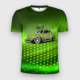 Мужская футболка 3D Slim с принтом Классическая зеленая машина  Жук в Санкт-Петербурге, 100% полиэстер с улучшенными характеристиками | приталенный силуэт, круглая горловина, широкие плечи, сужается к линии бедра | авто | жук | зеленый жук | классика | машина | старая машина
